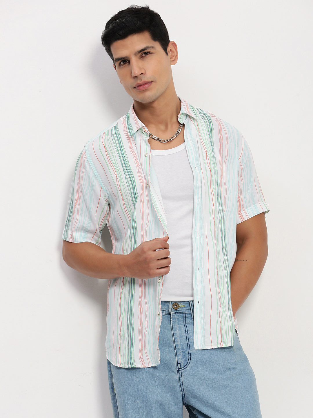 Men White Striped Slim Fit Shirt