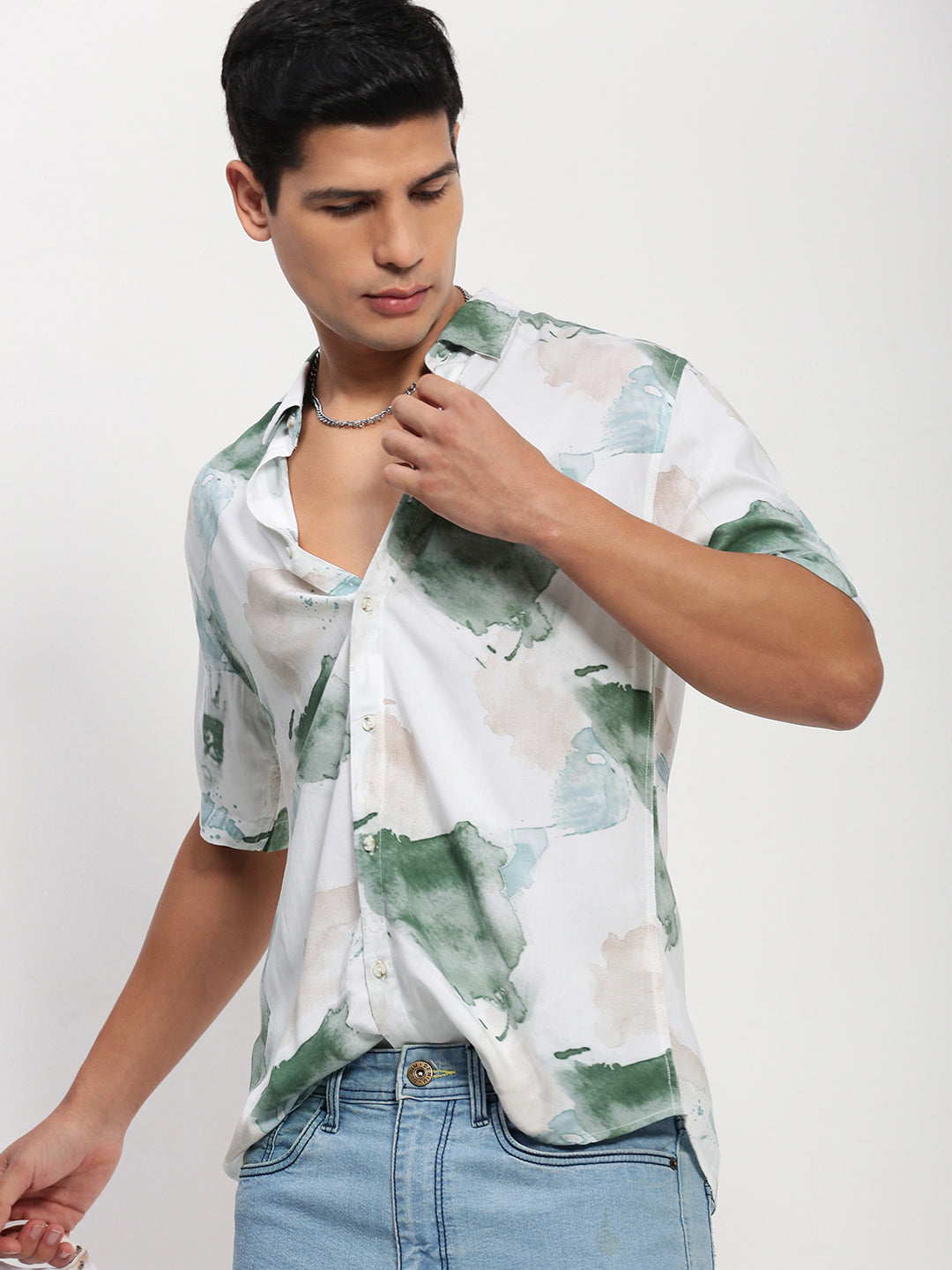 Men White Abstract Slim Fit Shirt