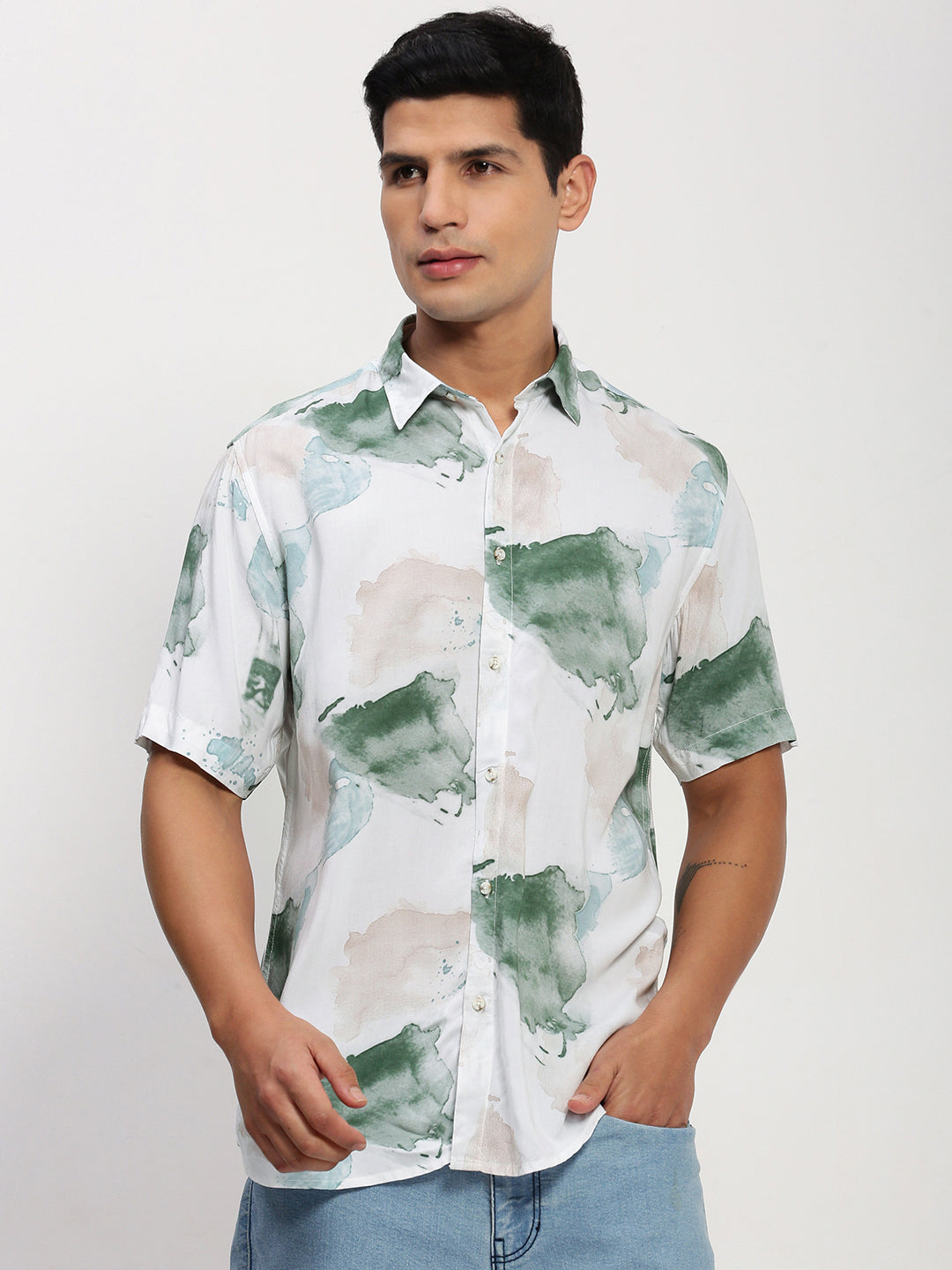 Men White Abstract Slim Fit Shirt