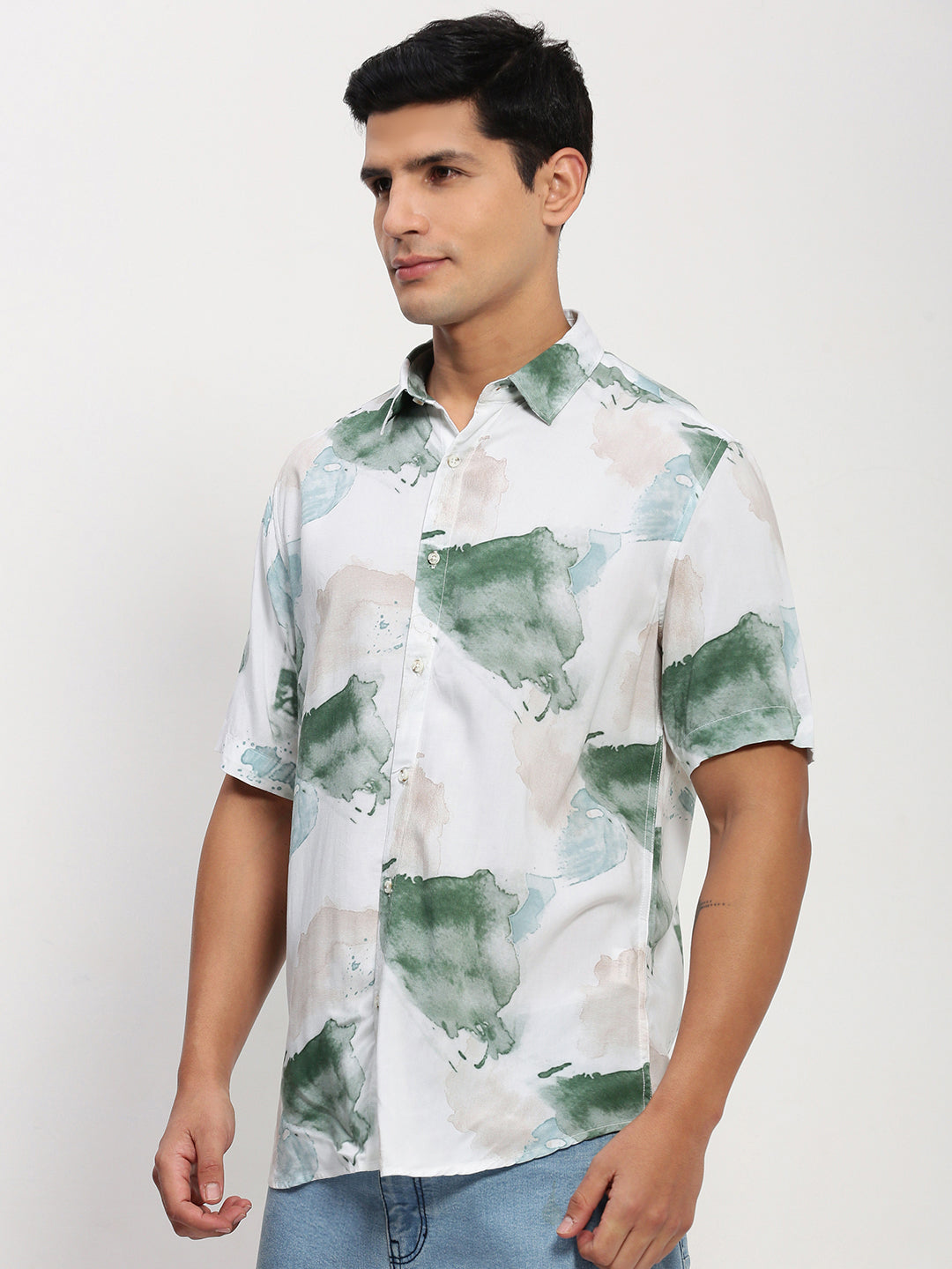 Men White Abstract Slim Fit Shirt