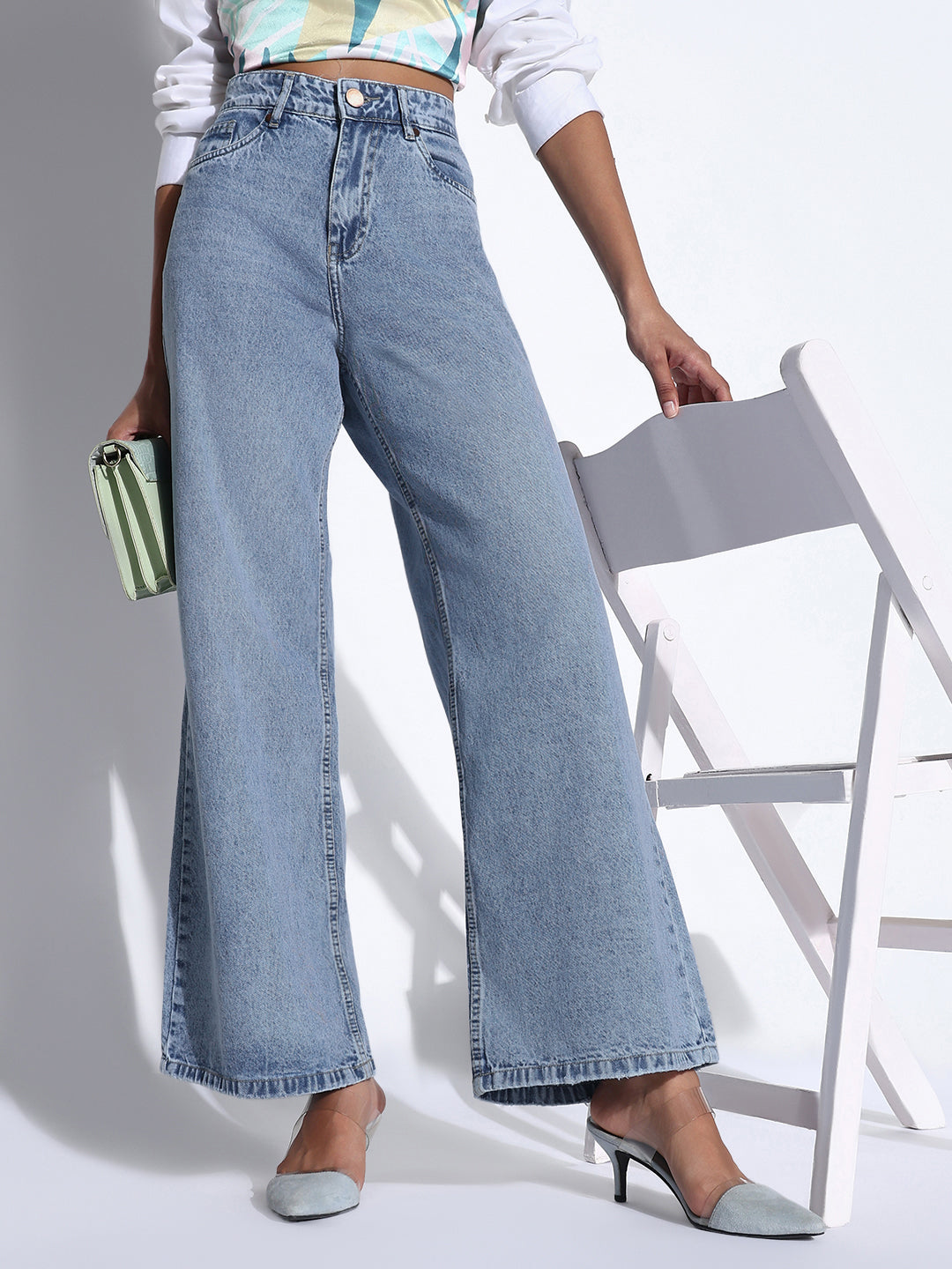 Women's Solid Blue Wide Leg Jeans