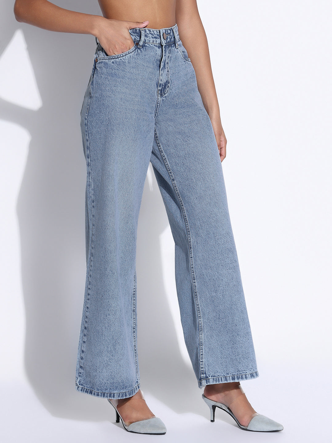 Women's Solid Blue Wide Leg Jeans