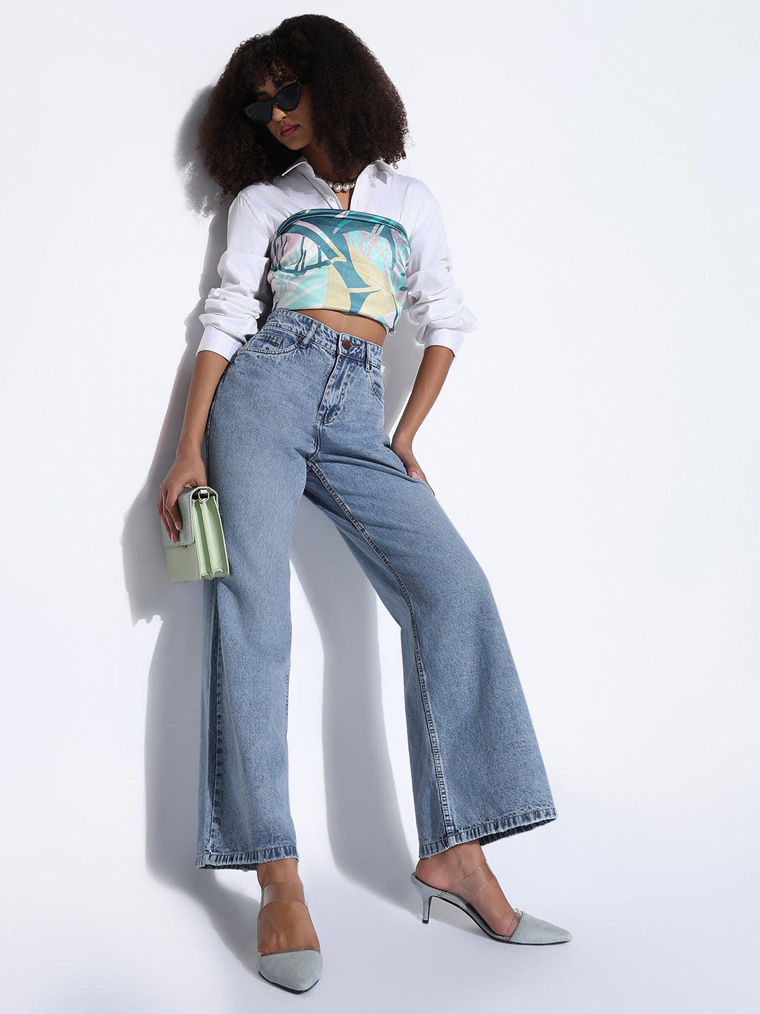 Women's Solid Blue Wide Leg Jeans