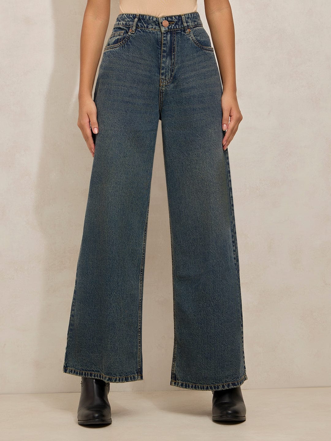 Women's Dark Blue High Rise Wide Leg Jeans