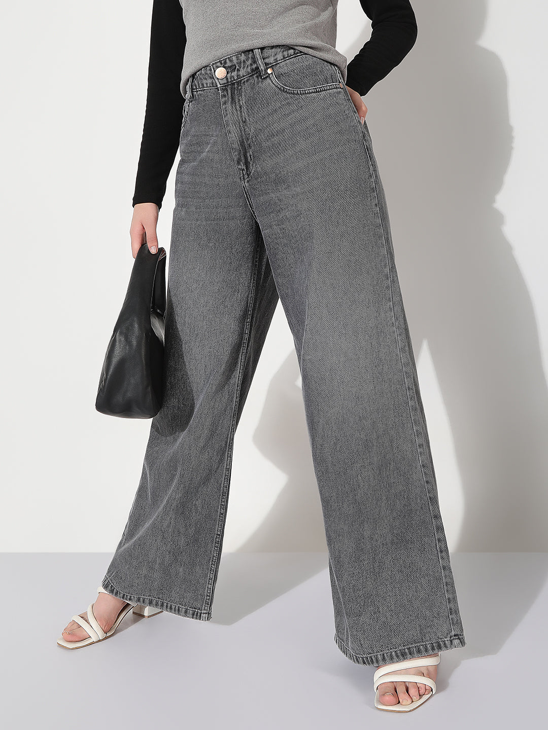 Women's Grey High Rise Wide Leg Jeans