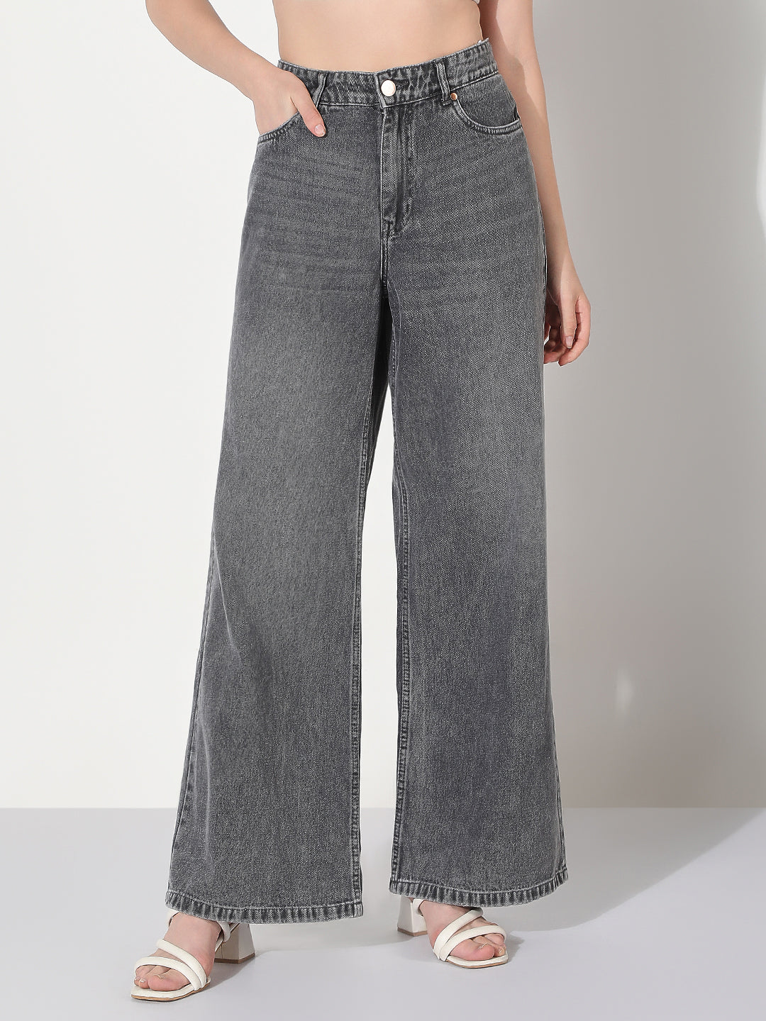Women's Grey High Rise Wide Leg Jeans