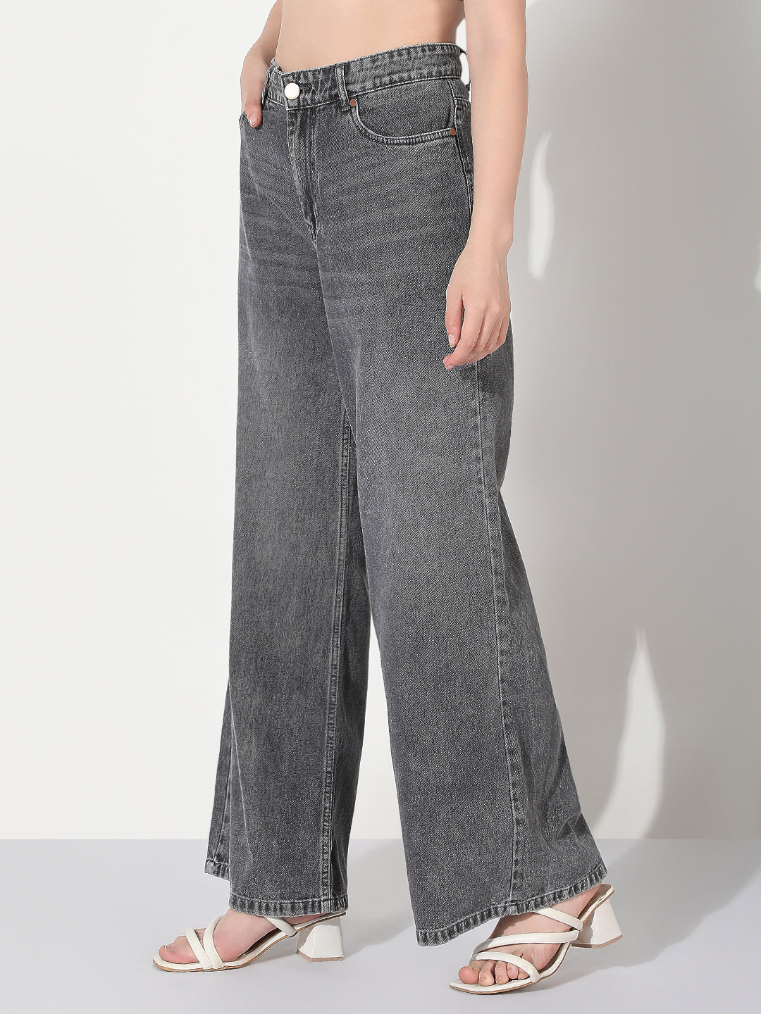 Women's Grey High Rise Wide Leg Jeans