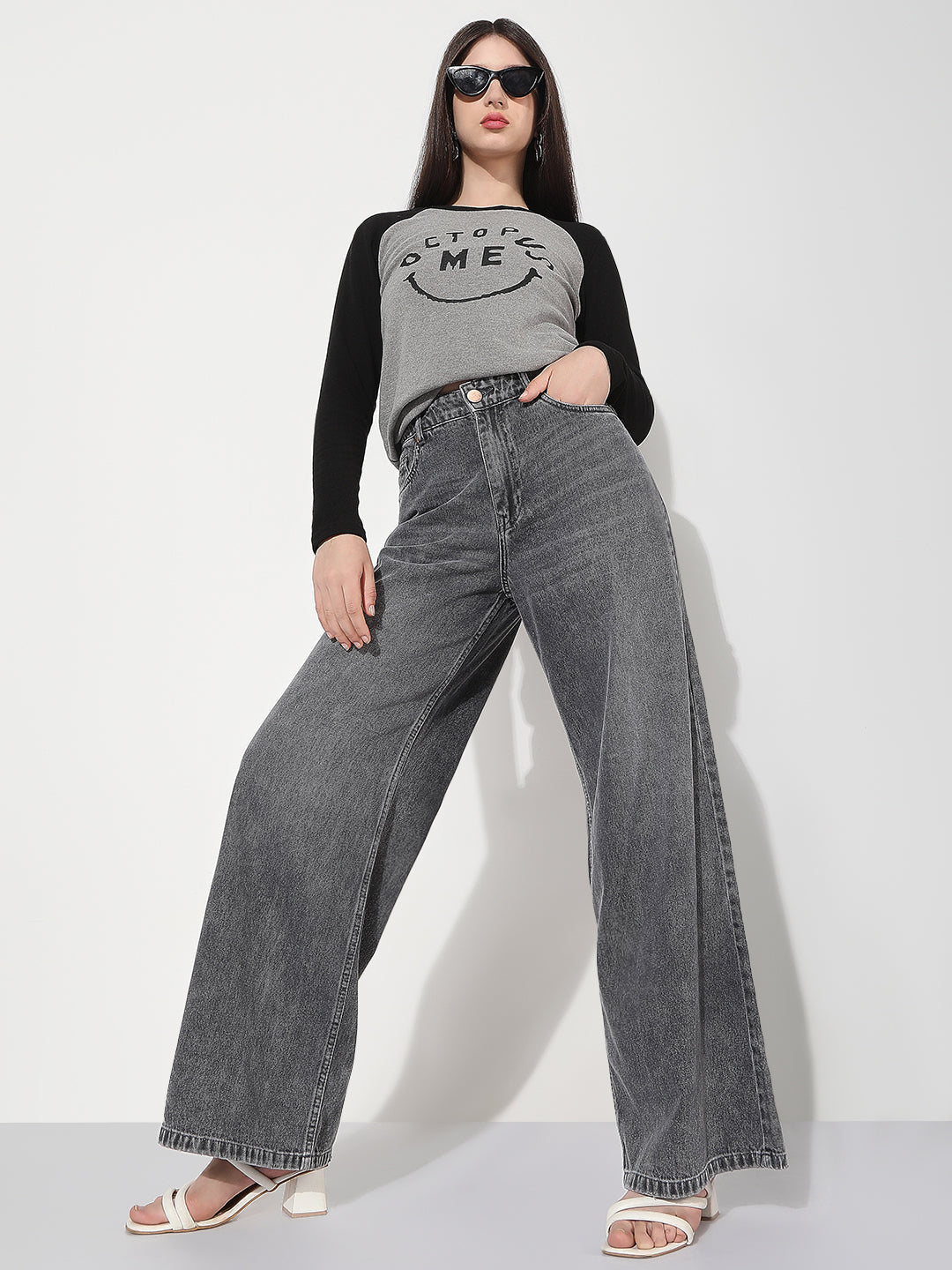 Women's Grey High Rise Wide Leg Jeans