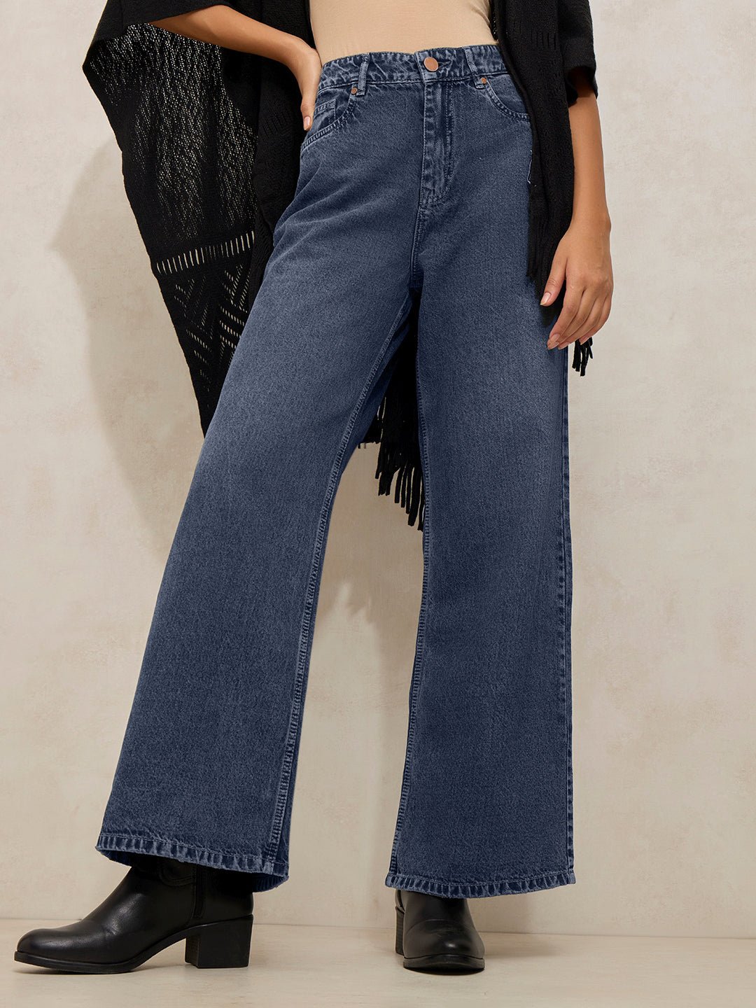 Women's Navy Blue High Rise Wide Leg Jeans