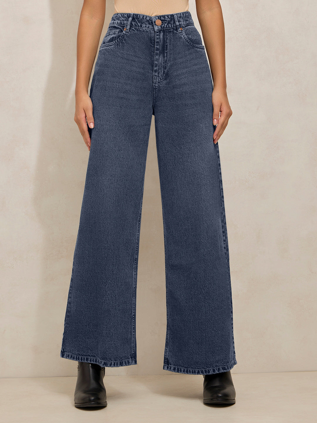 Women's Navy Blue High Rise Wide Leg Jeans