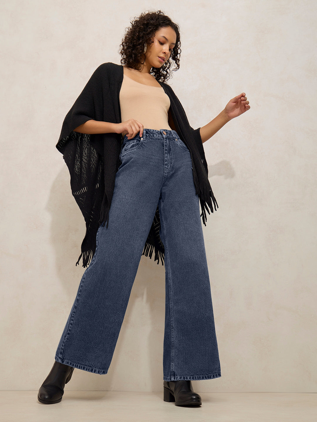 Women's Navy Blue High Rise Wide Leg Jeans
