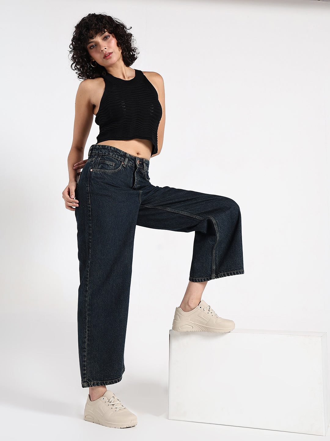 Women's Navy Blue High-Waist Wide Leg Jeans