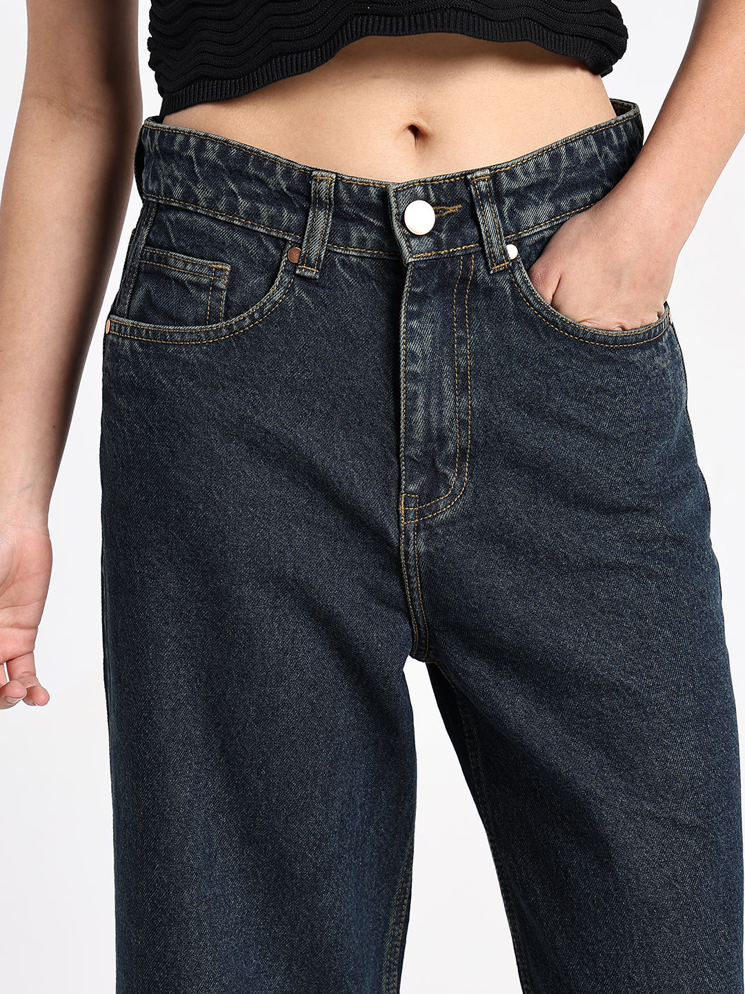 Women's Navy Blue High-Waist Wide Leg Jeans
