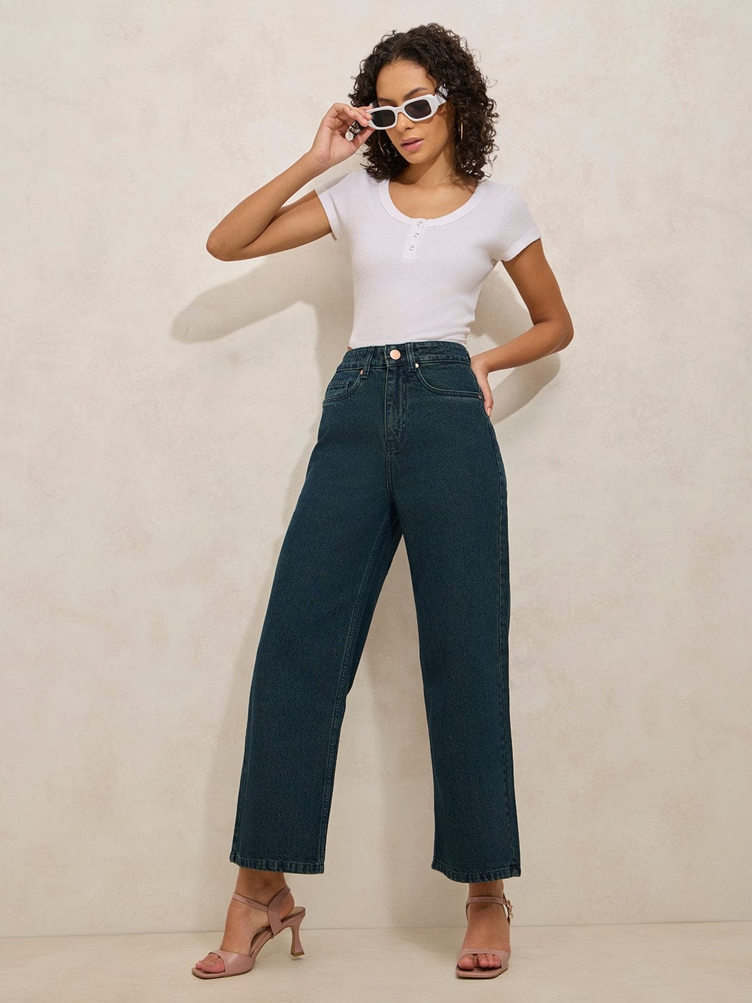 Women's Green High Rise Cropped Straight Fit Jeans