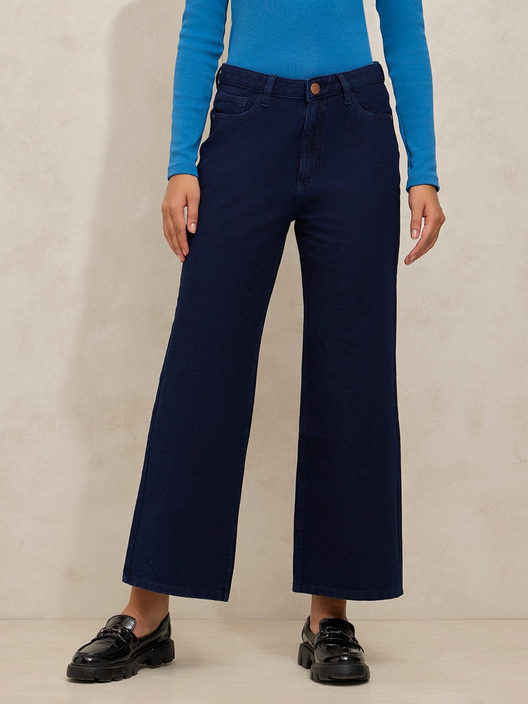 Women's Navy Blue High Rise Relaxed Fit Cropped Jeans