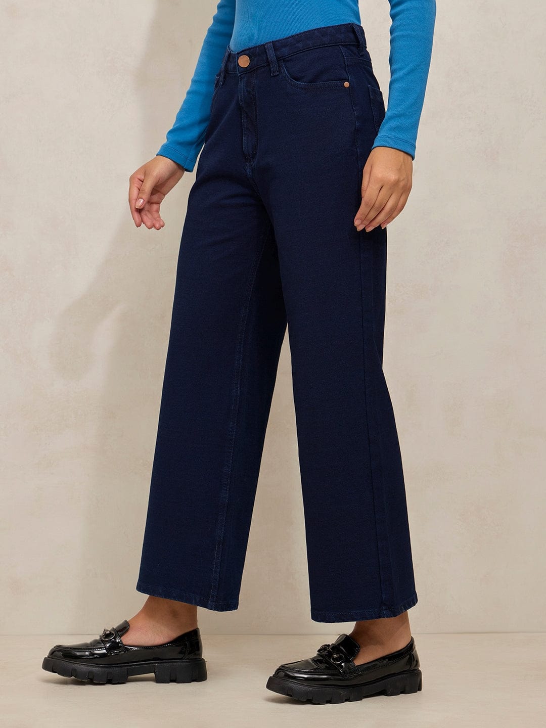 Women's Navy Blue High Rise Relaxed Fit Cropped Jeans