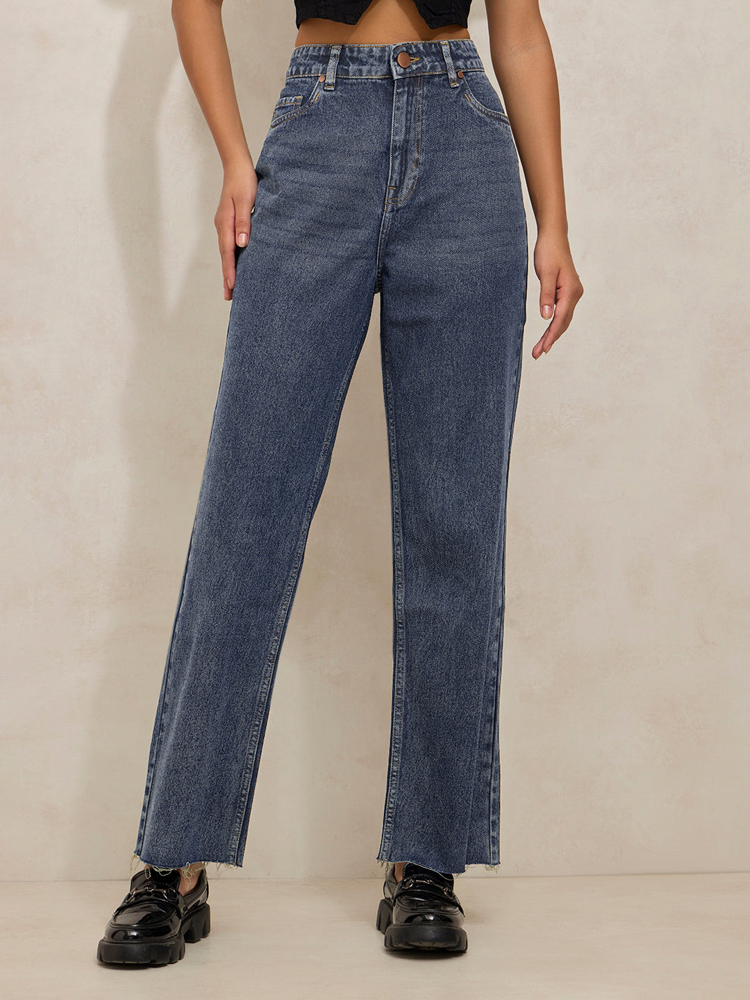 Women's Blue High Waist Casual Straight Fit Jeans