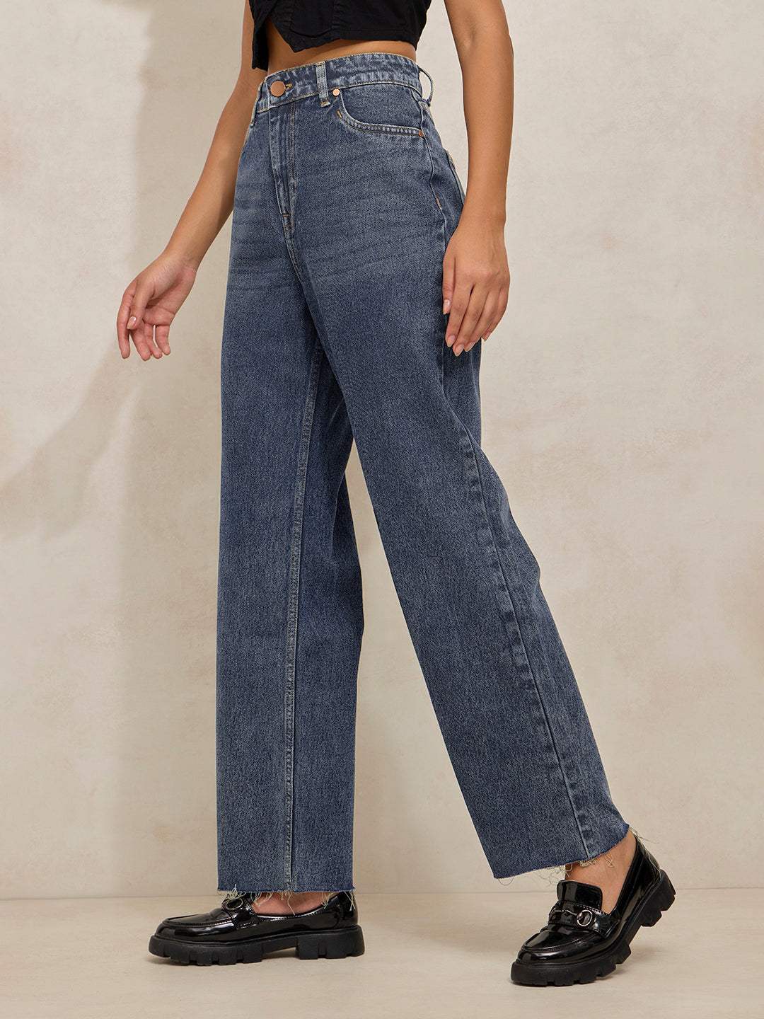 Women's Blue High Waist Casual Straight Fit Jeans