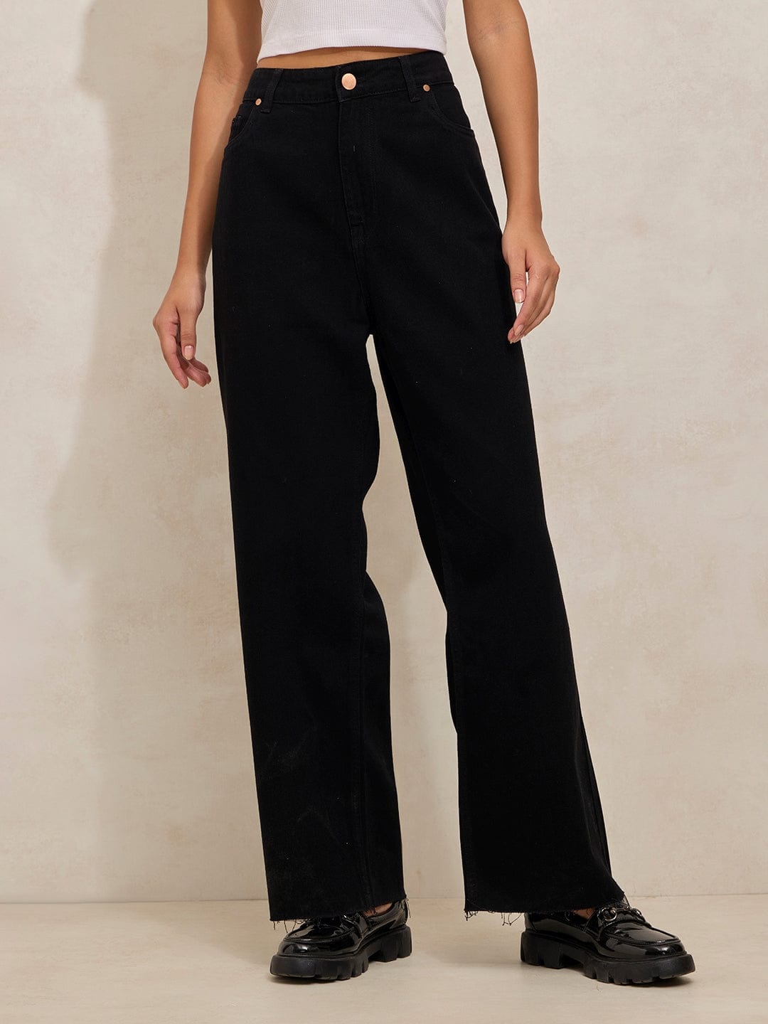 Women's Black High Rise Relaxed Fit Straight Jeans with Raw Hem