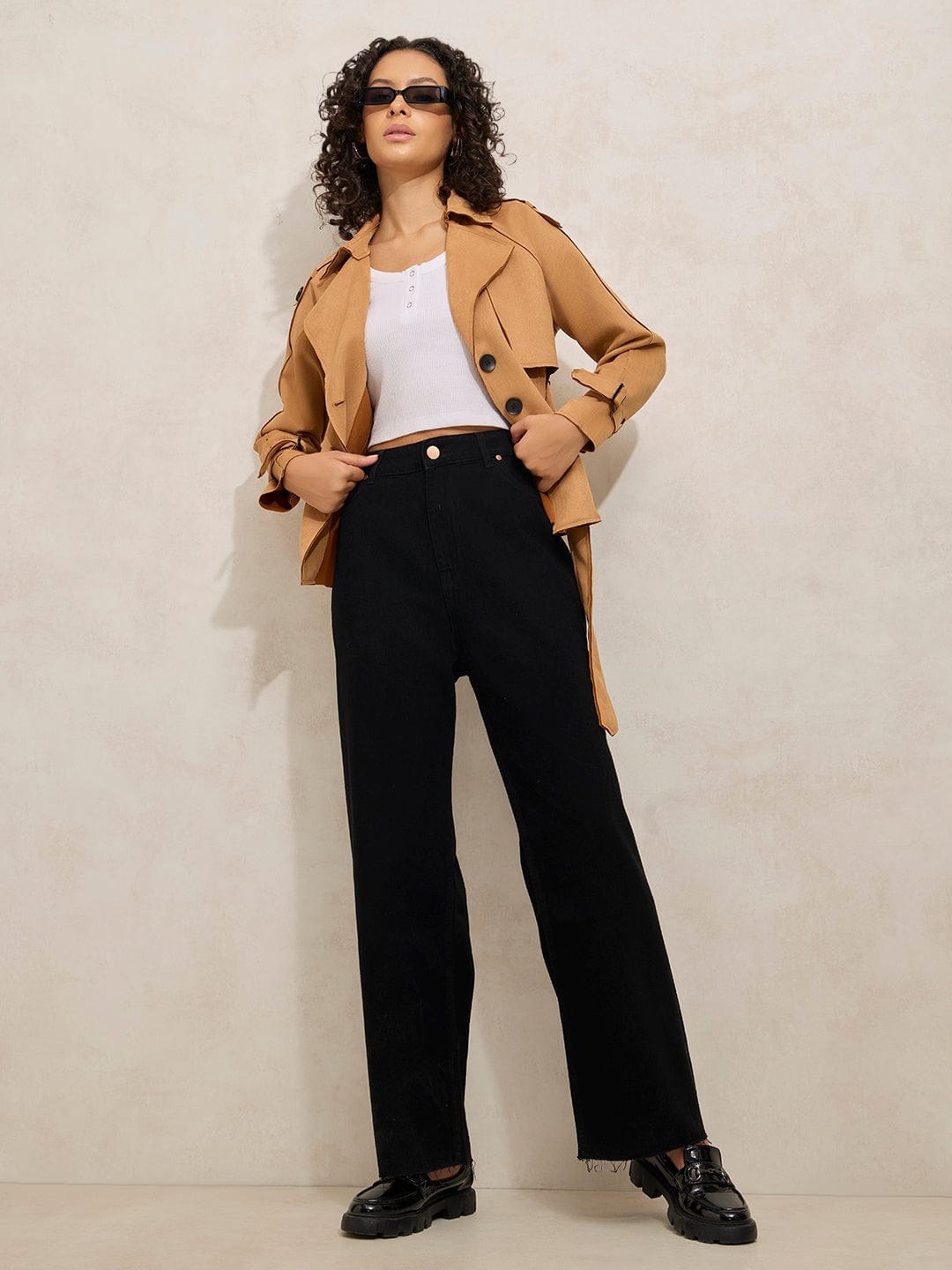 Women's Black High Rise Relaxed Fit Straight Jeans with Raw Hem