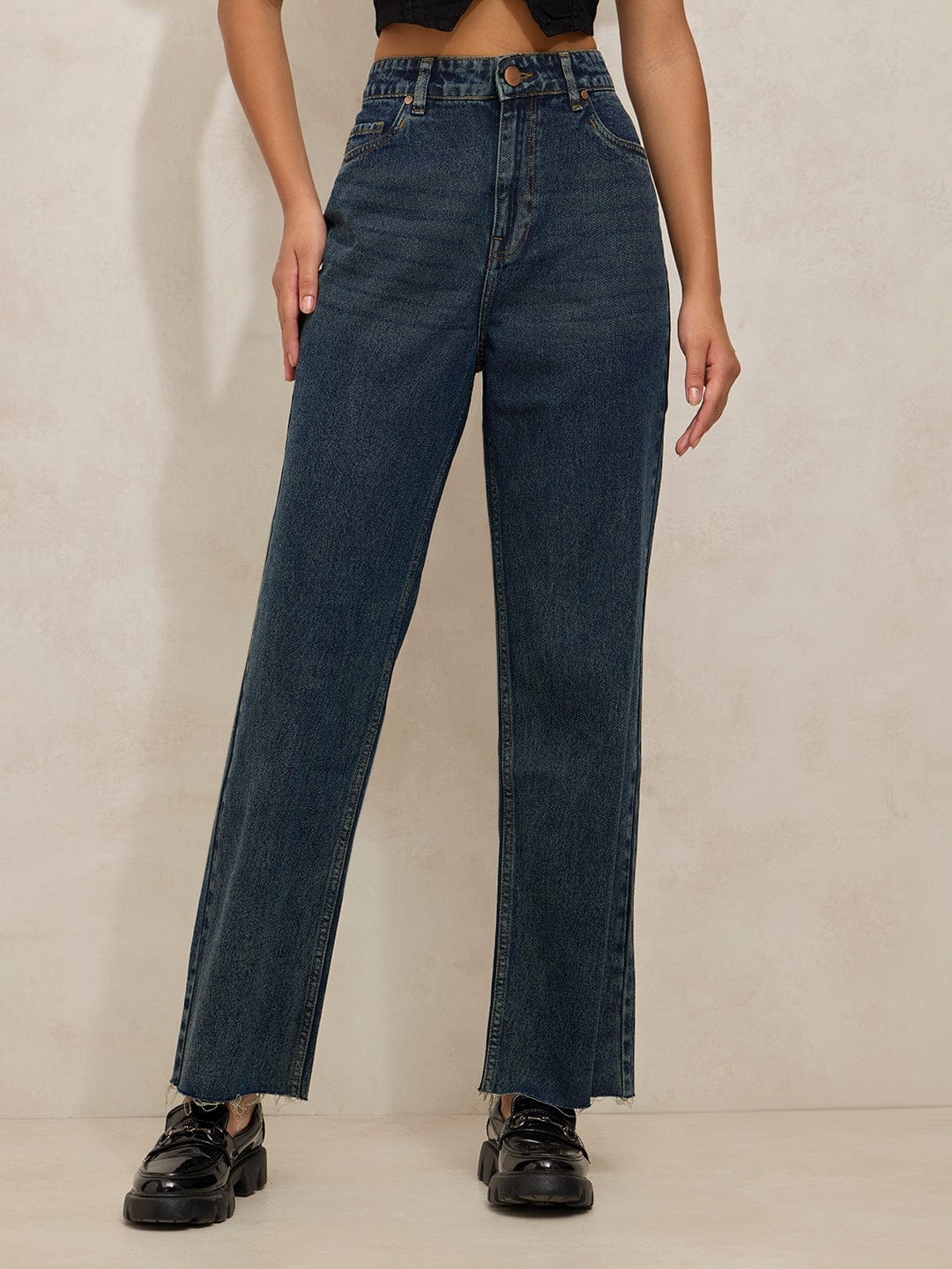 Women's Navy Blue High Rise Relaxed Fit Straight Jeans with Raw Hem