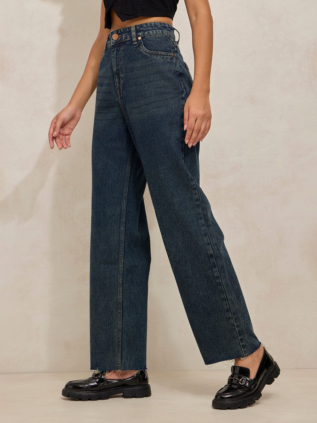 Women's Navy Blue High Rise Relaxed Fit Straight Jeans with Raw Hem