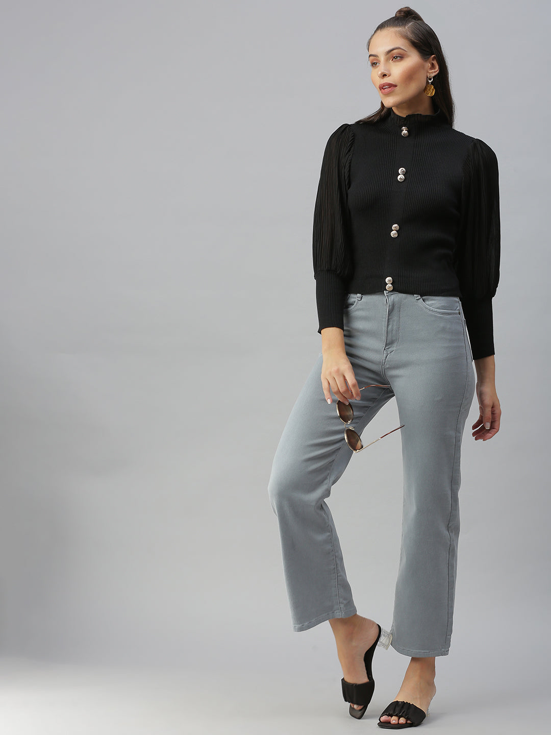 Women's High Neck Solid Black Fitted Top