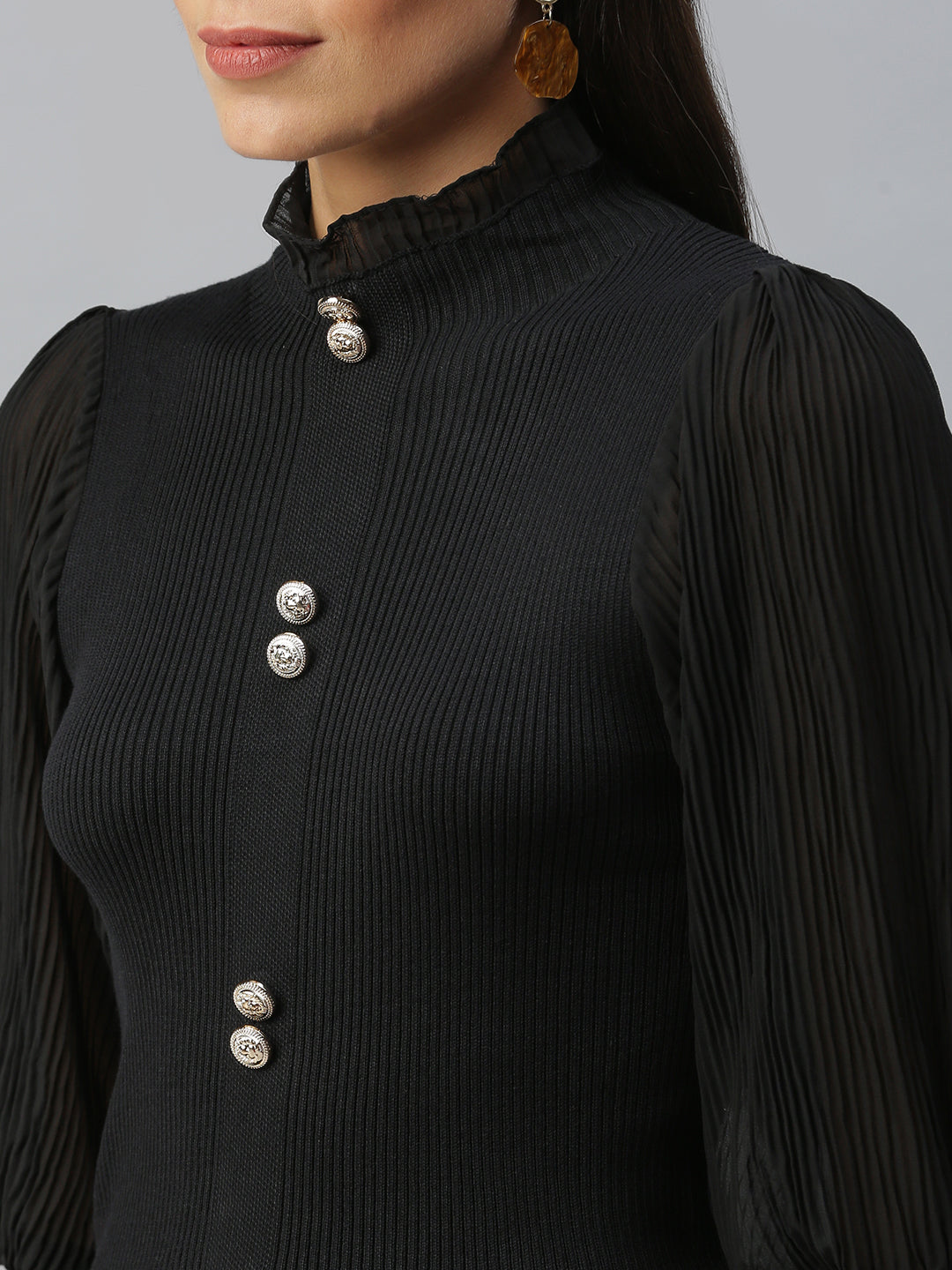 Women's High Neck Solid Black Fitted Top