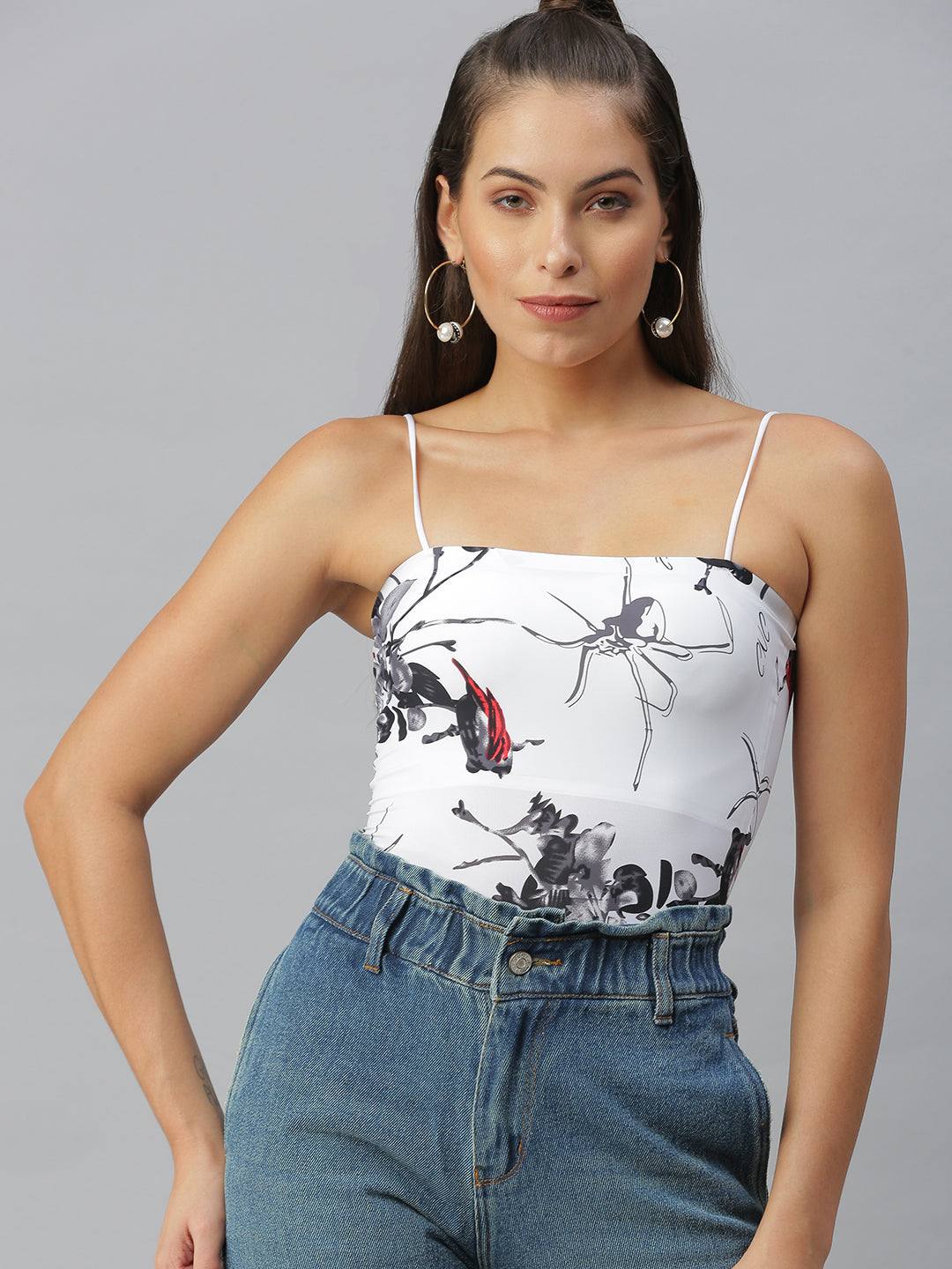 Women Shoulder Straps Printed White Tube Top