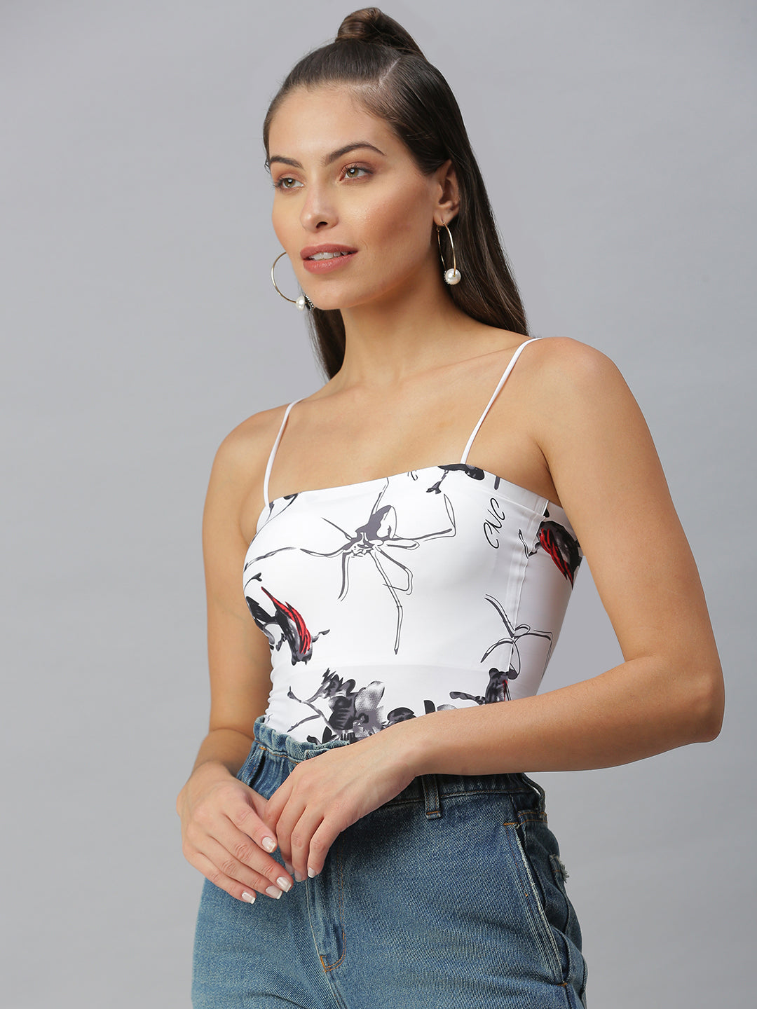 Women Shoulder Straps Printed White Tube Top