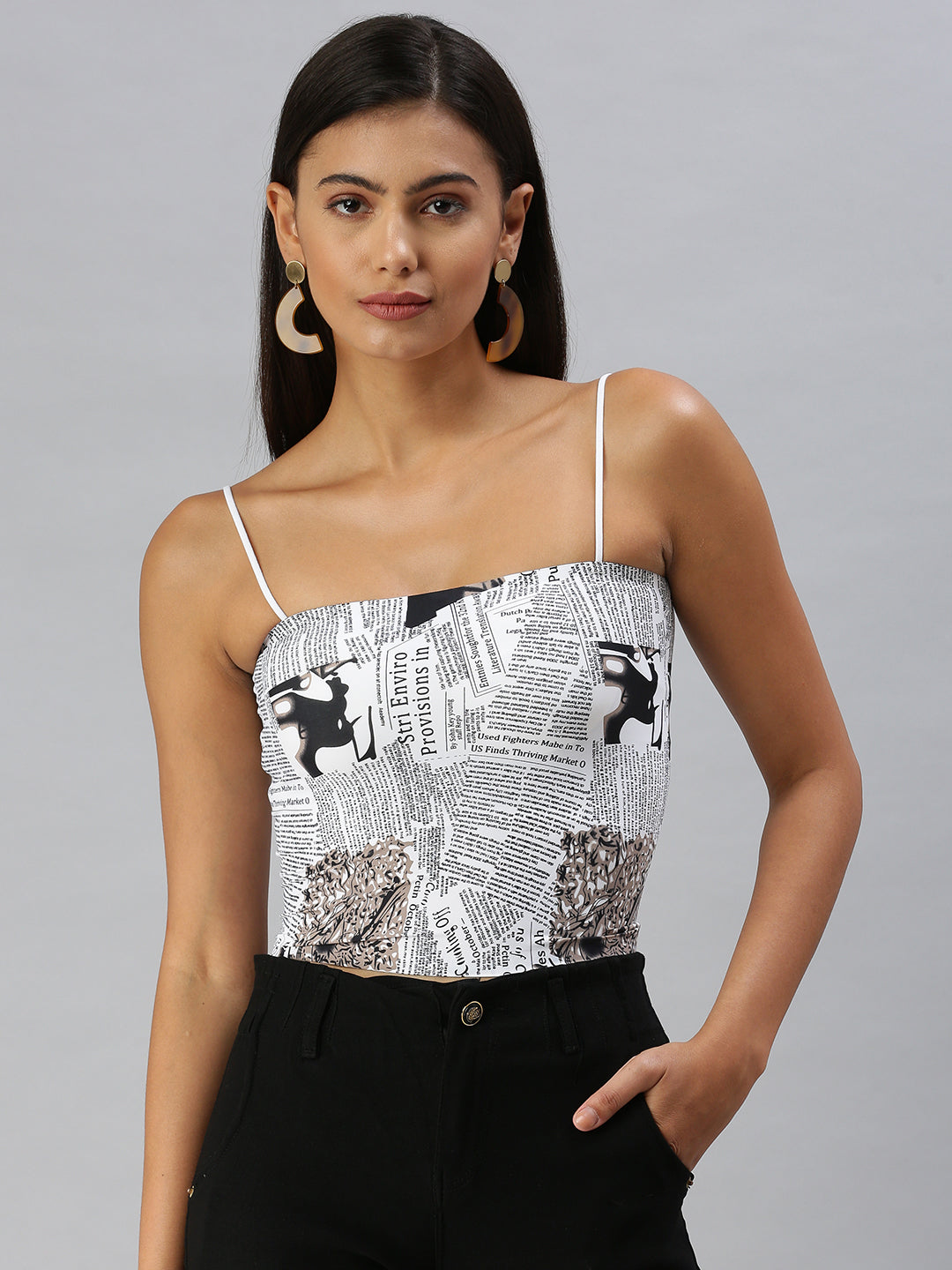 Women Shoulder Straps Printed White Tube Top