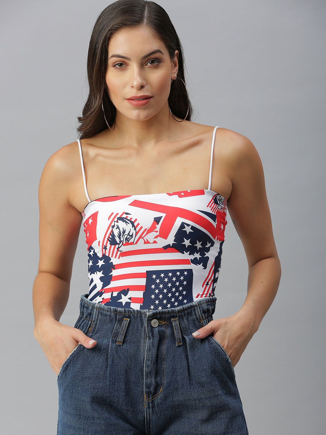 Women's Shoulder Straps Printed White Tube Top