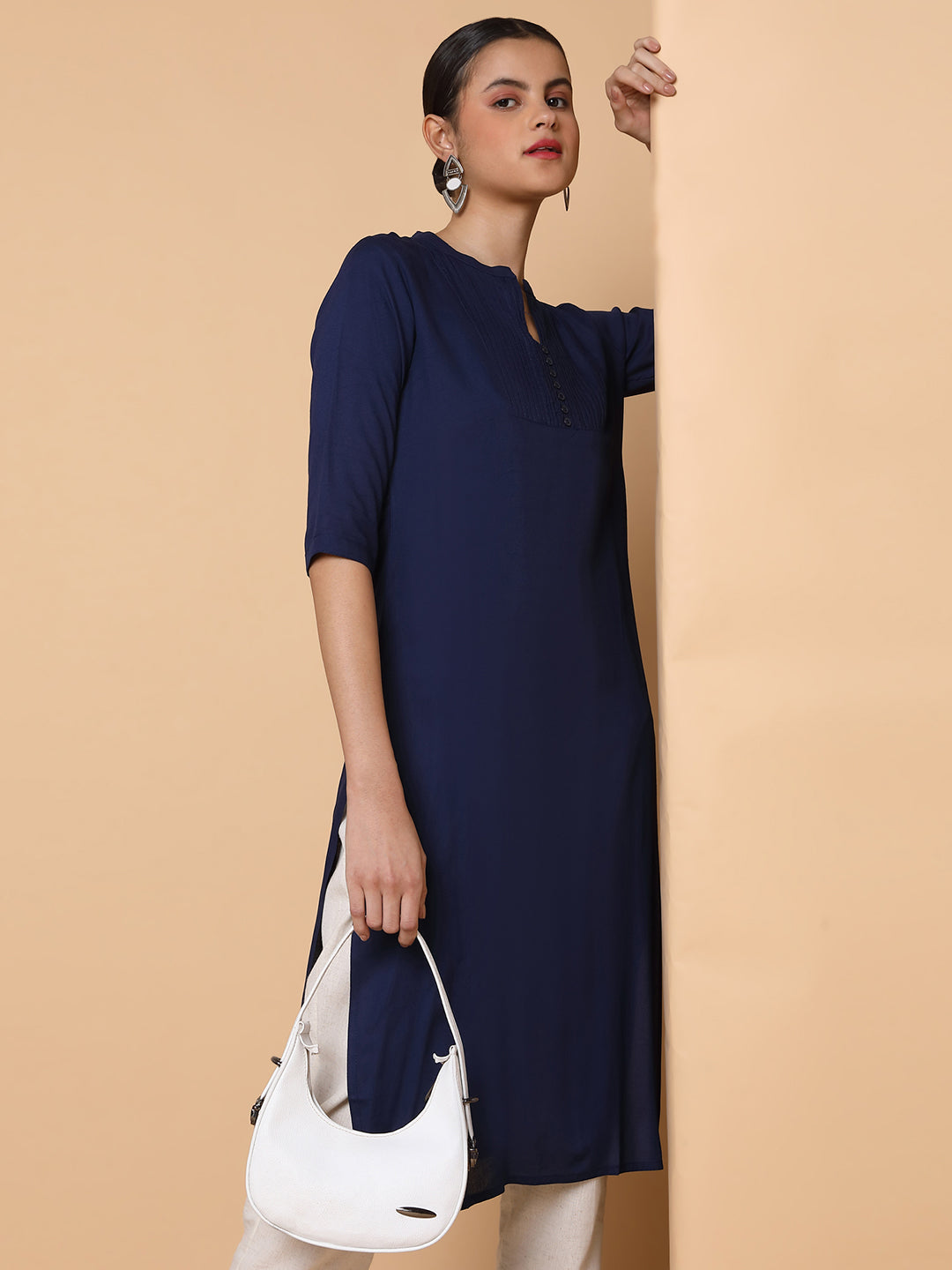 Women Straight Navy Blue Solid Kurta