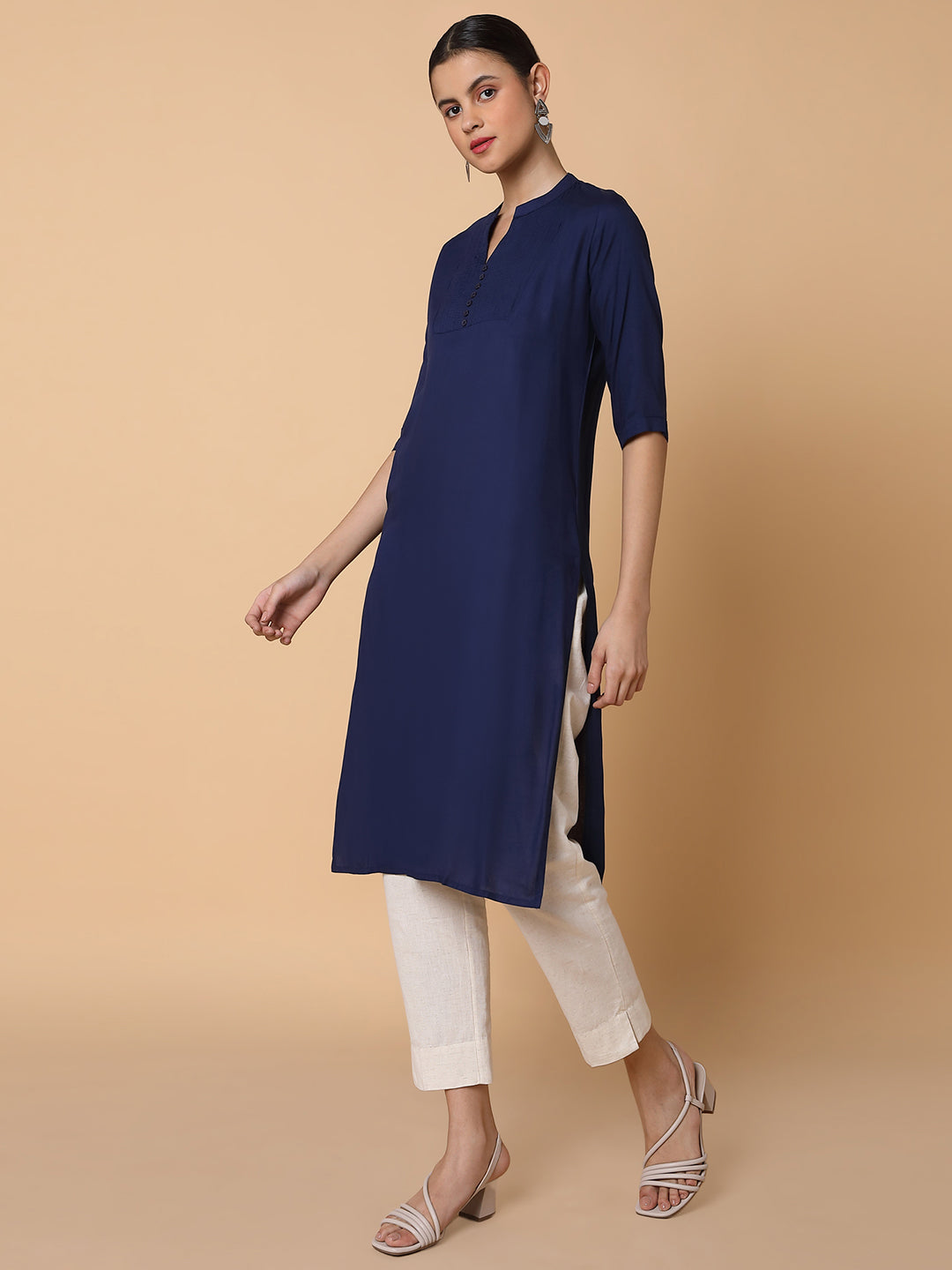 Women Straight Navy Blue Solid Kurta