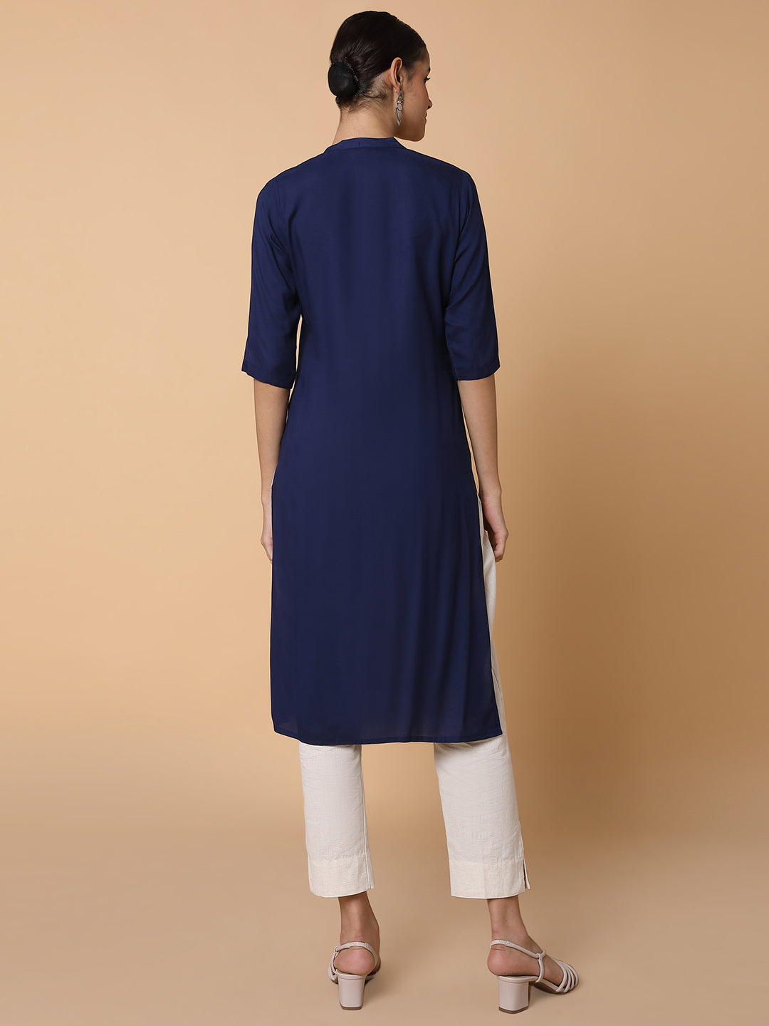 Women Straight Navy Blue Solid Kurta