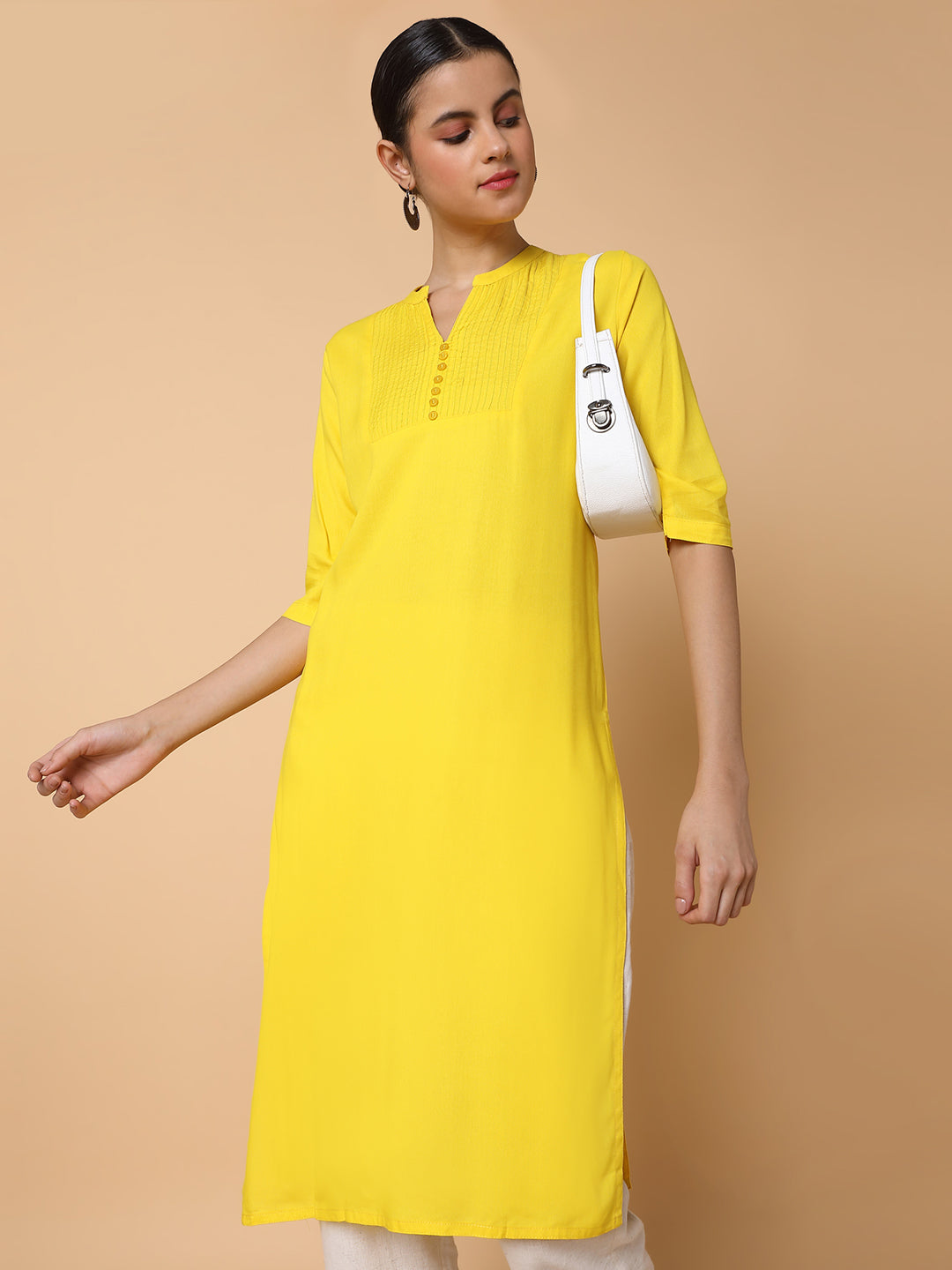 Women Straight Yellow Solid Kurta