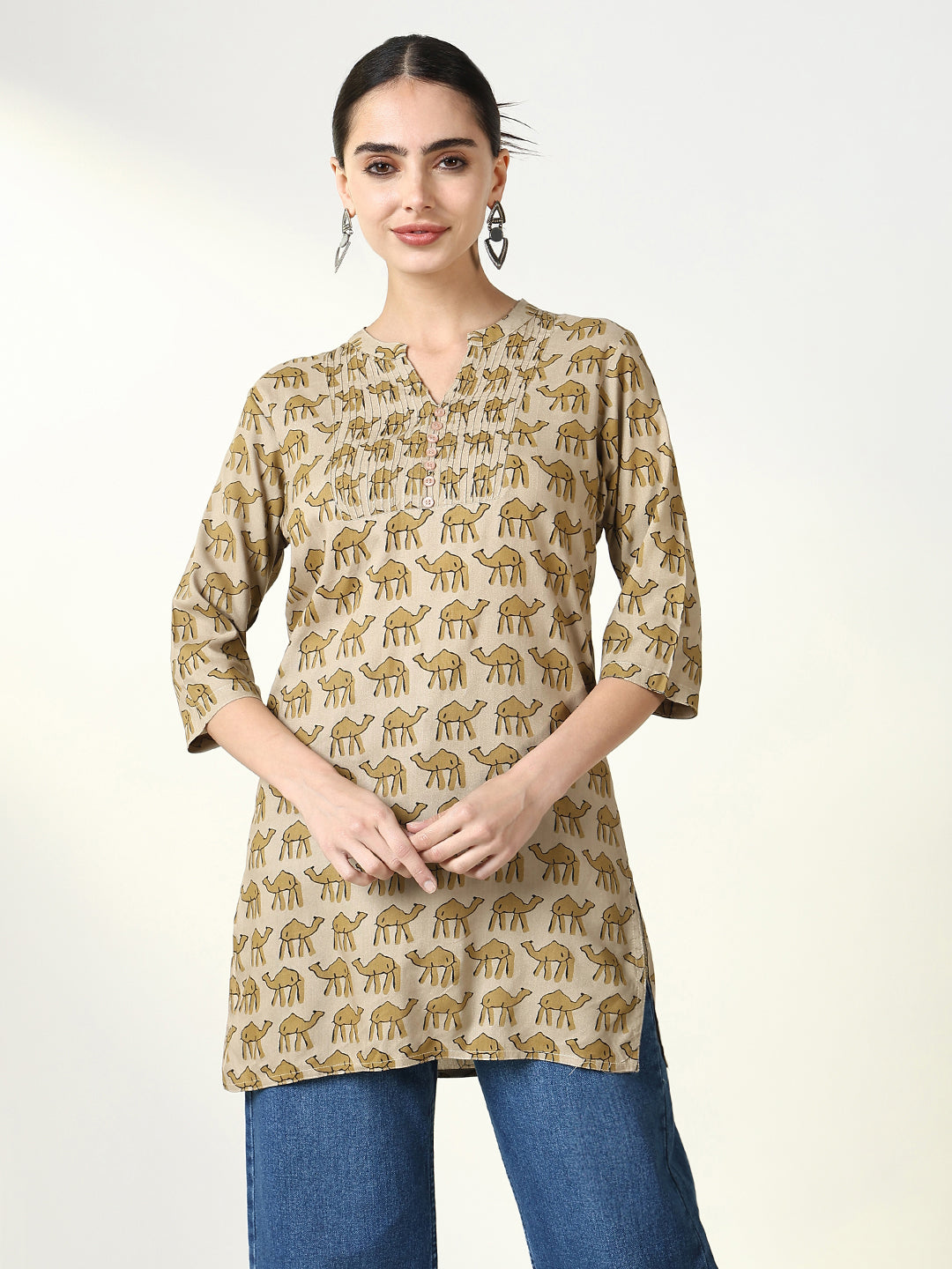 Women Beige Graphic Straight Kurti