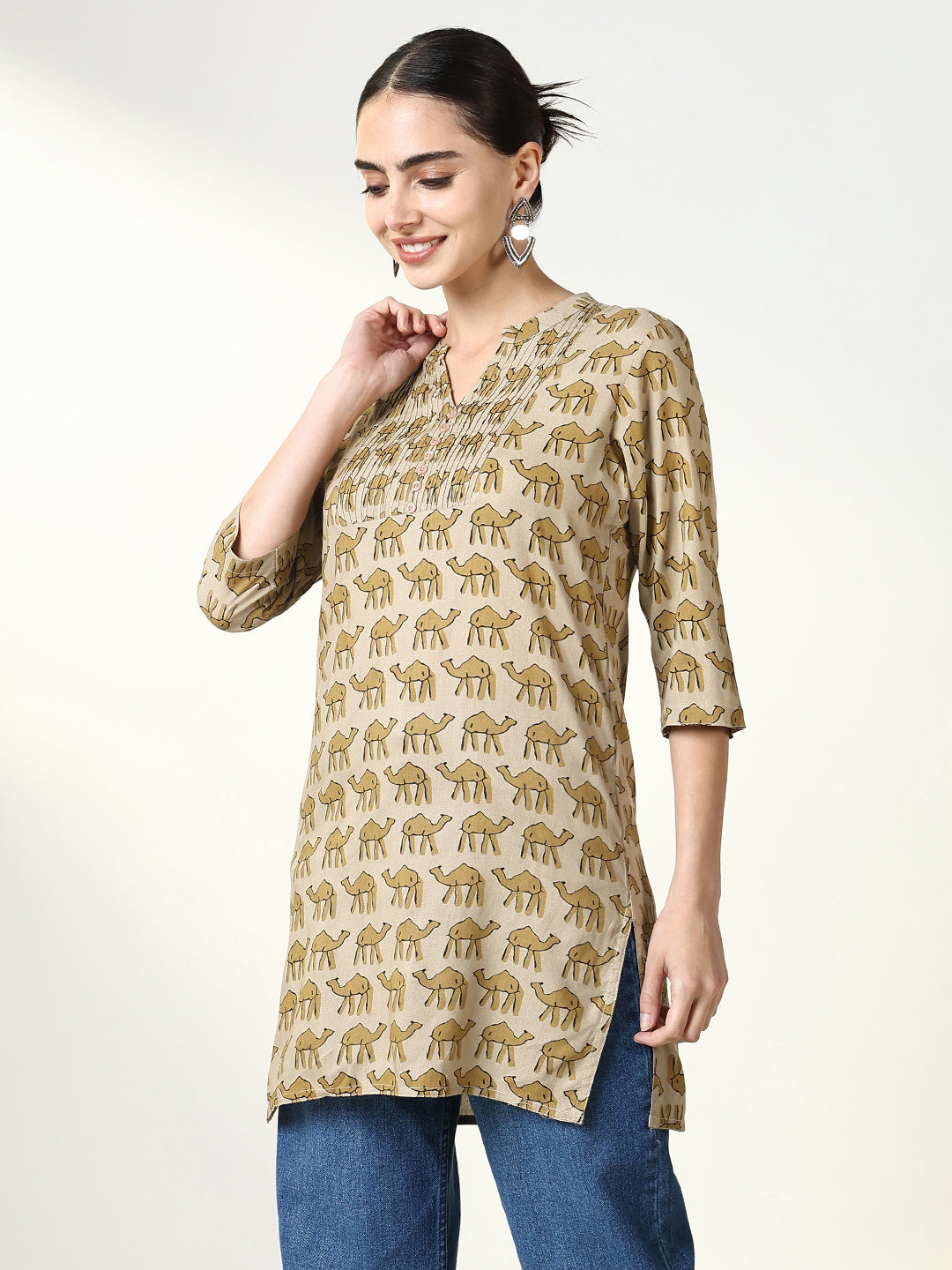 Women Beige Graphic Straight Kurti