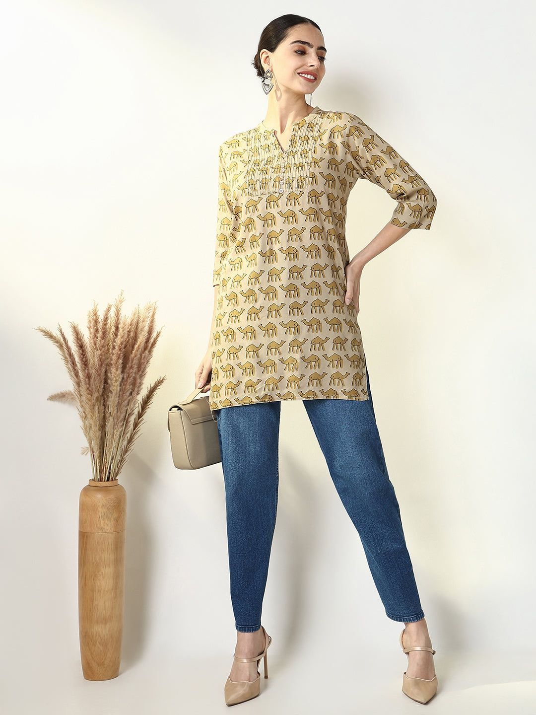 Women Beige Graphic Straight Kurti