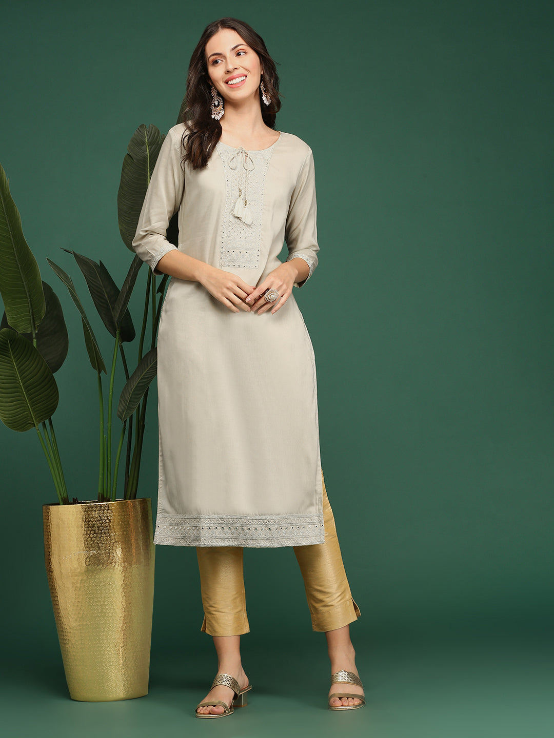 Women's Cream Printed Straight Kurta