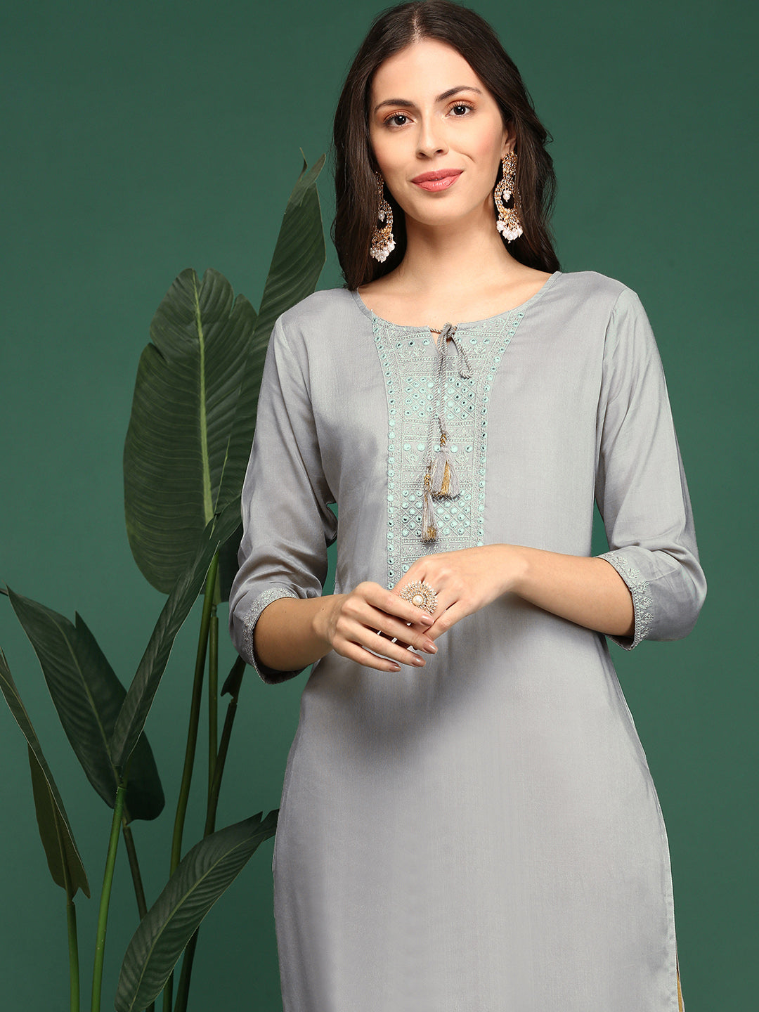 Women Printed Grey Straight Kurta