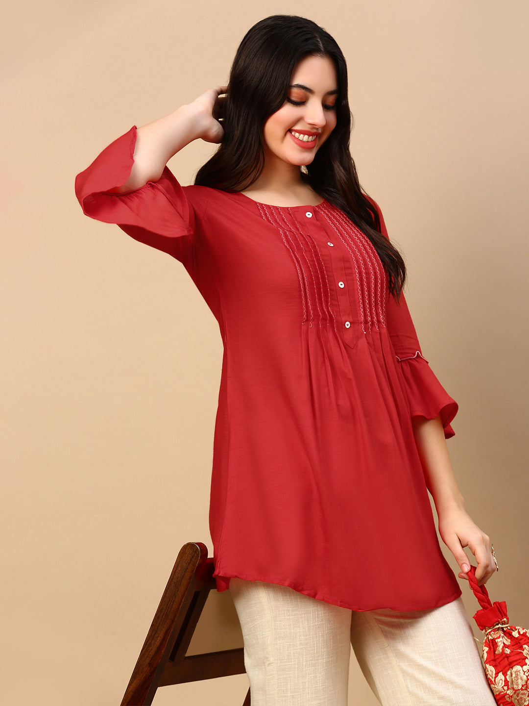 Women Solid Red A Line Kurti