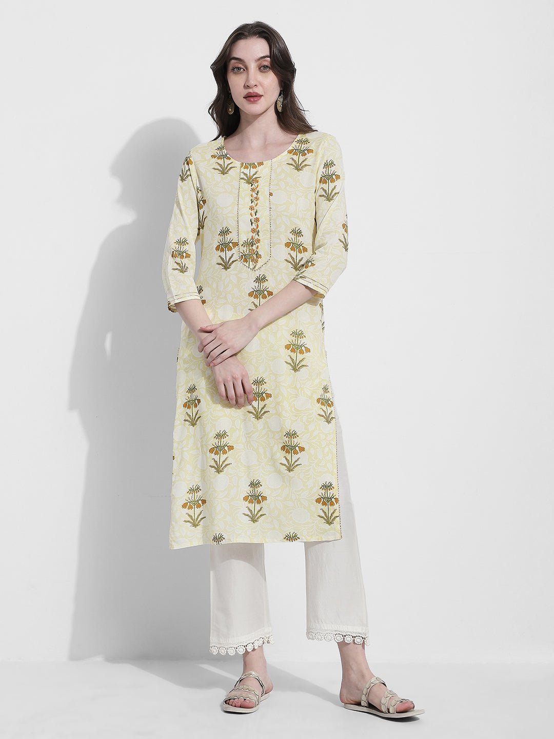 Women's Floral Printed Yellow Straight Kurta