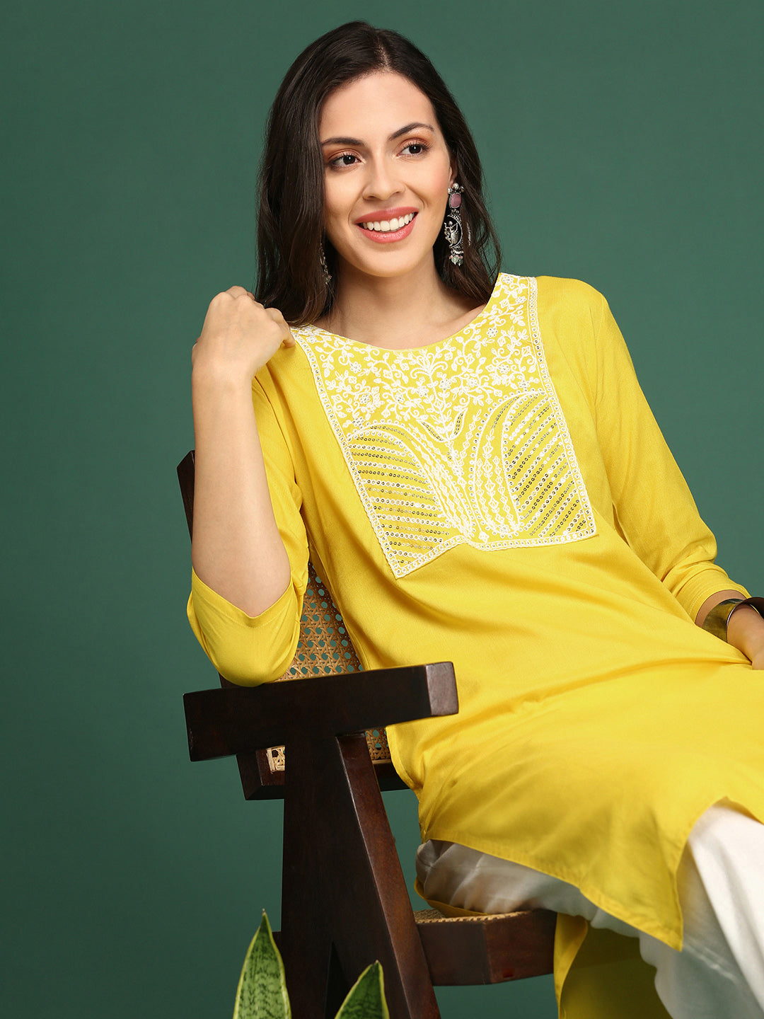 Women Yellow Solid Straight Kurta