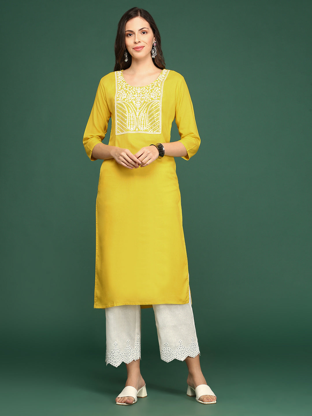 Women Yellow Solid Straight Kurta