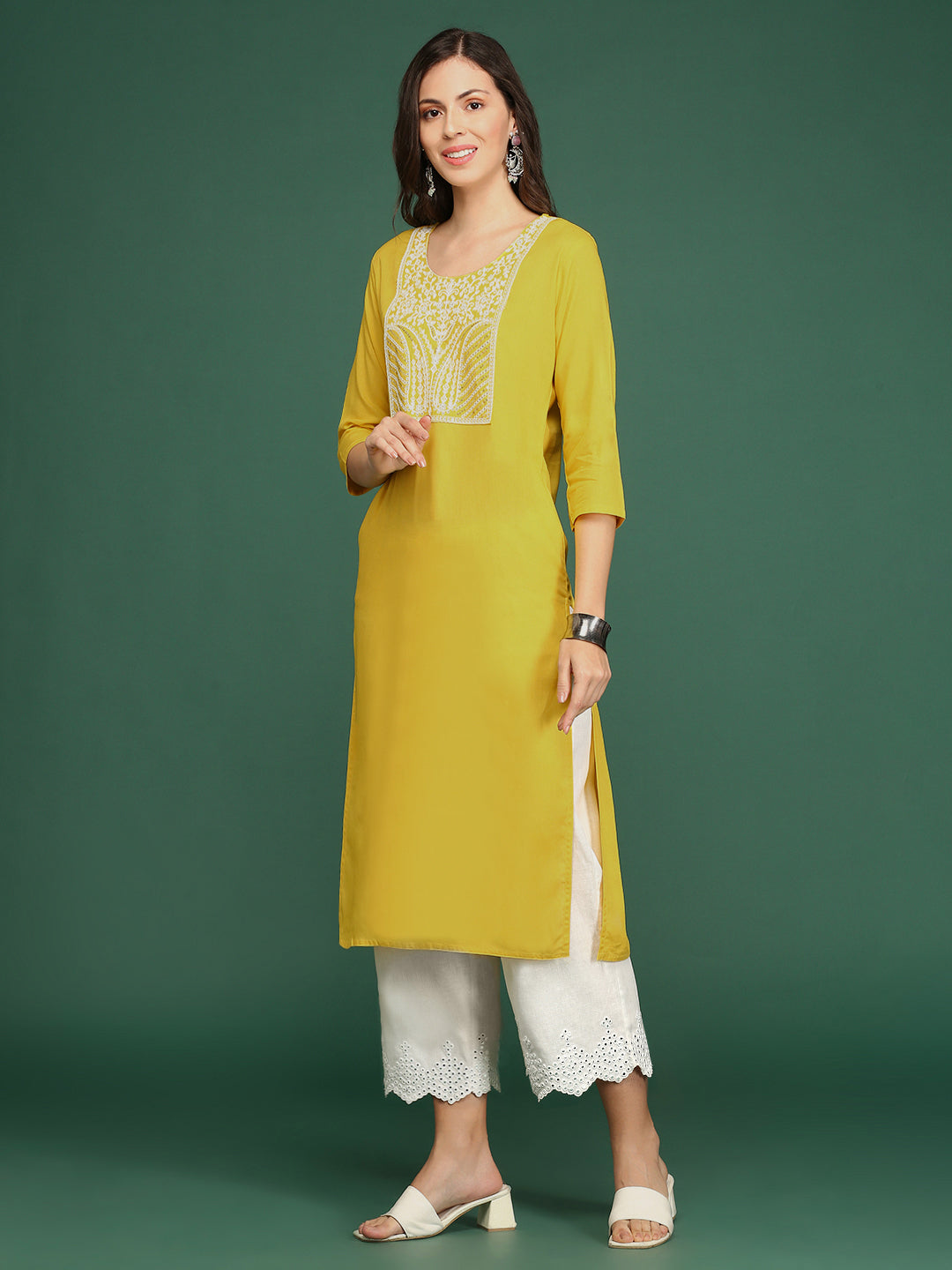 Women Yellow Solid Straight Kurta