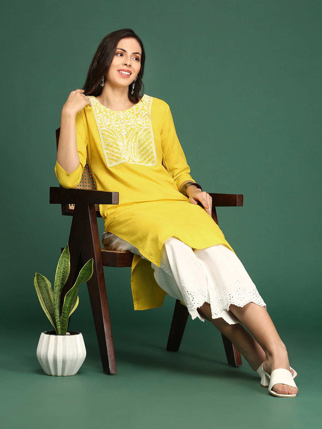 Women Yellow Solid Straight Kurta