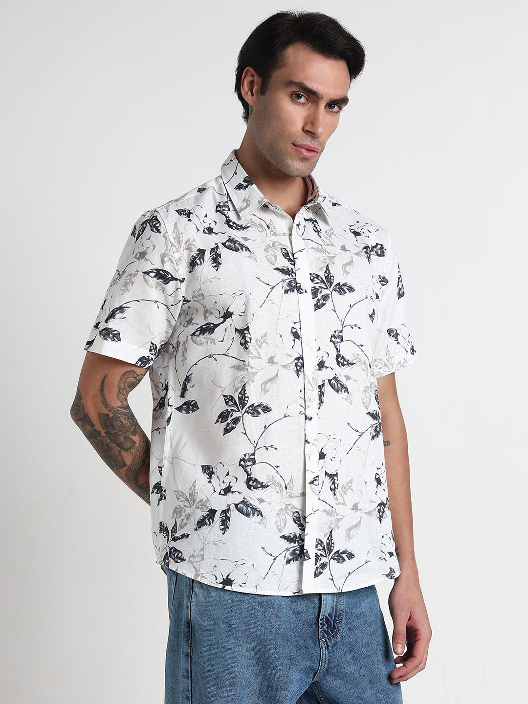 Men's White Floral Slim Fit Shirt