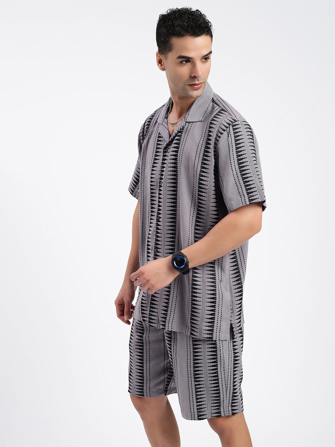 Men Geometric Grey Co Ords Set