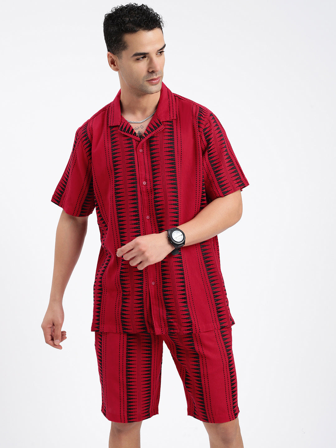 Men Geometric Red Co Ords Set